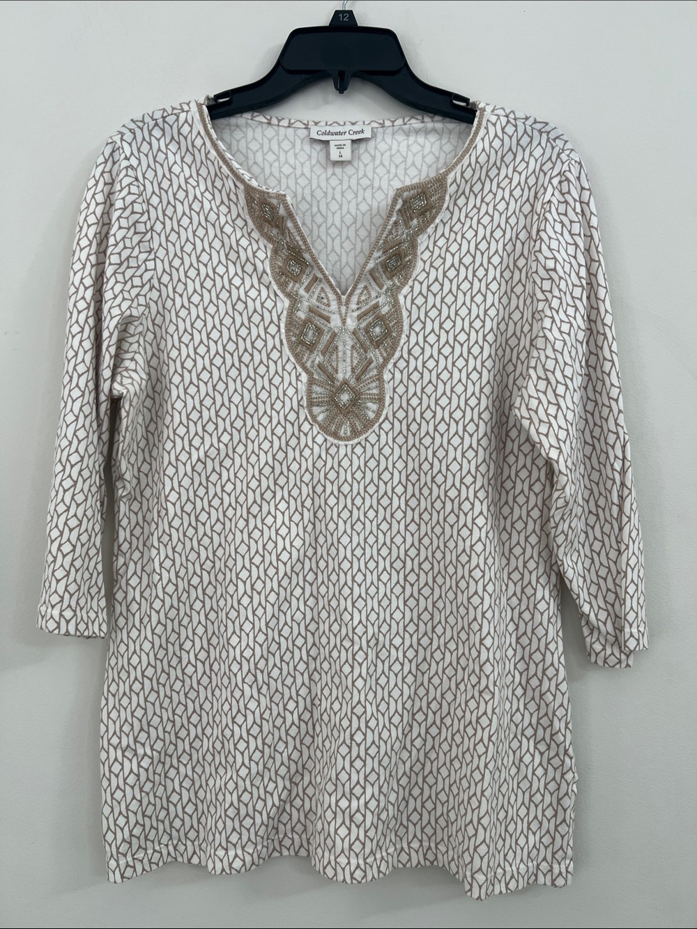 Coldwater Creek Cream Tunic with Tan Embroidered V-Detail - Picture 5 of 8